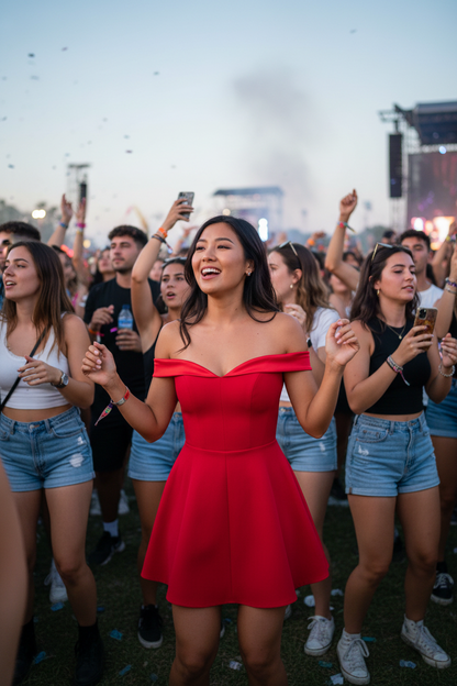 Asian woman at outdoor concert wearing off-shoulder mini dress