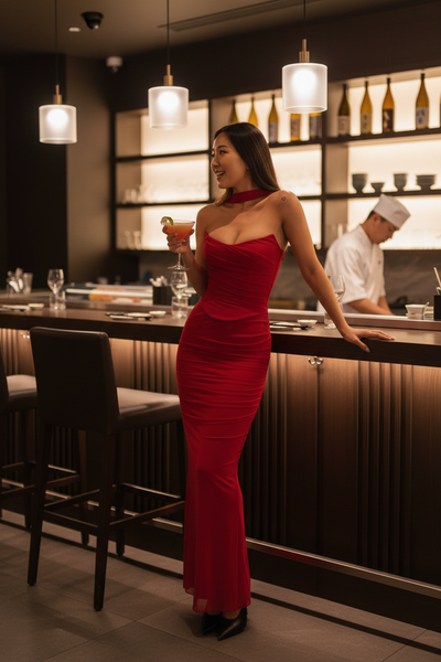 Asian woman at sushi restaurant bar wearing tube top and maxi skirt set
