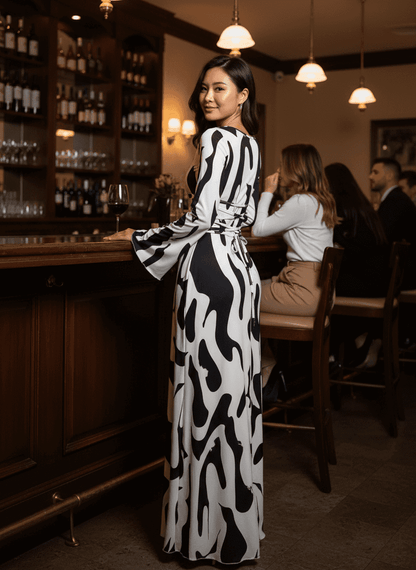 Abstract Print Maxi Dress - Long Sleeve Tie Back Style - Fashions Envy