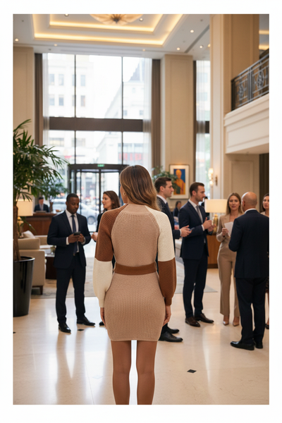 Asian woman in color block sweater dress back view at hotel lobby