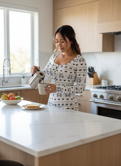Asian woman in early 30s wearing printed loungewear romper in modern kitchen