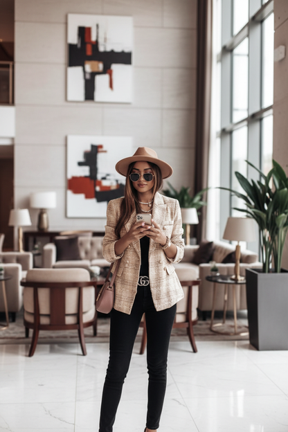 Asian woman in hotel lobby wearing plaid tweed blazer