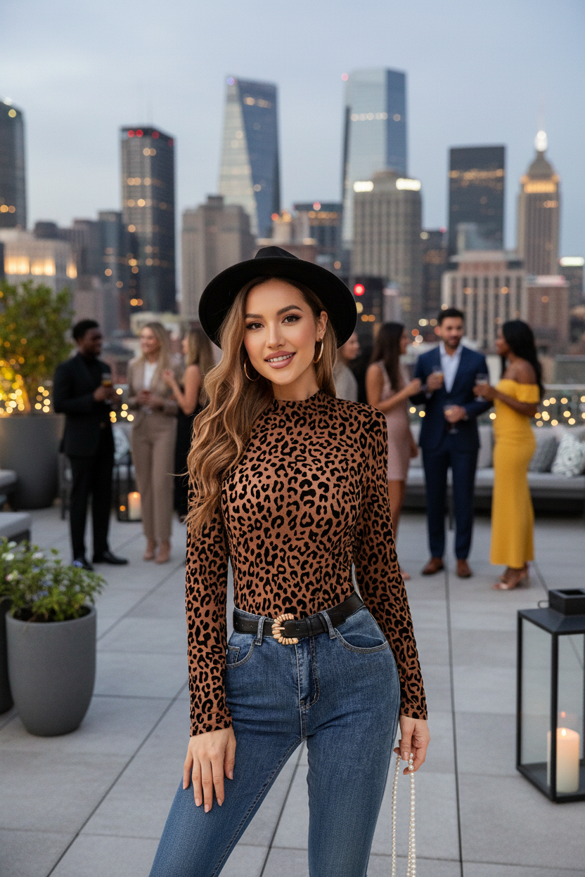 Asian woman in leopard print mesh top at rooftop lounge