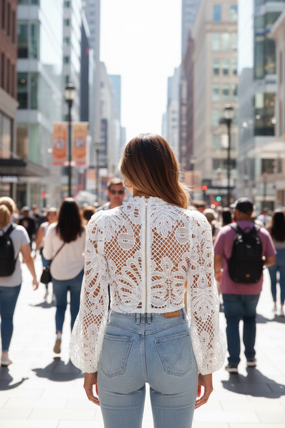 Asian woman in long puff sleeve lace top at urban shopping district back view