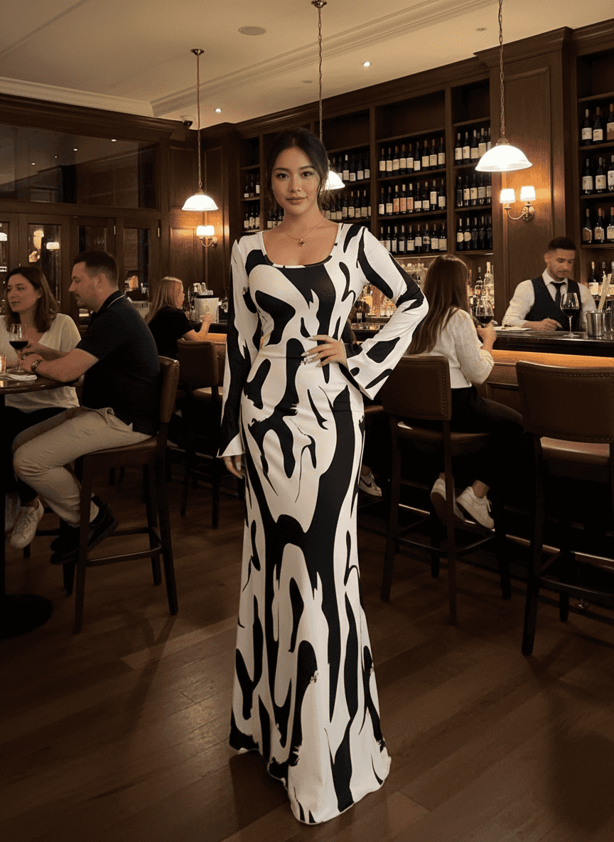 Abstract Print Maxi Dress - Long Sleeve Tie Back Style - Fashions Envy