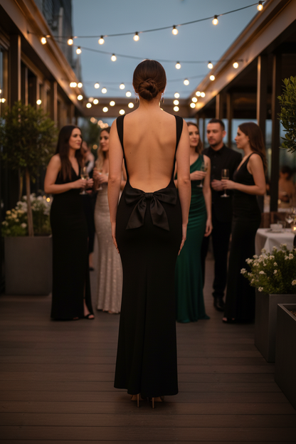 Asian woman showing back of backless maxi dress at restaurant