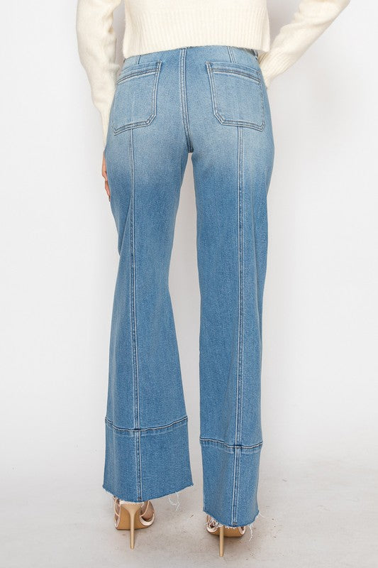 Artemis Vintage eco-friendly palazzo jeans for women back view light wash high waist patch pockets