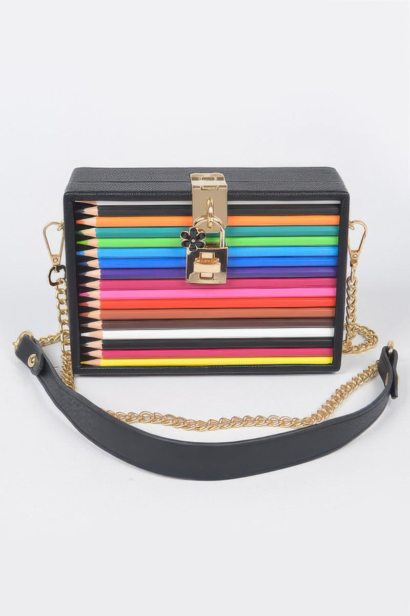 Clutch Handbag by CCWHOLESALECLOTHING box shape black leather with horizontal colored pencils and gold chain strap