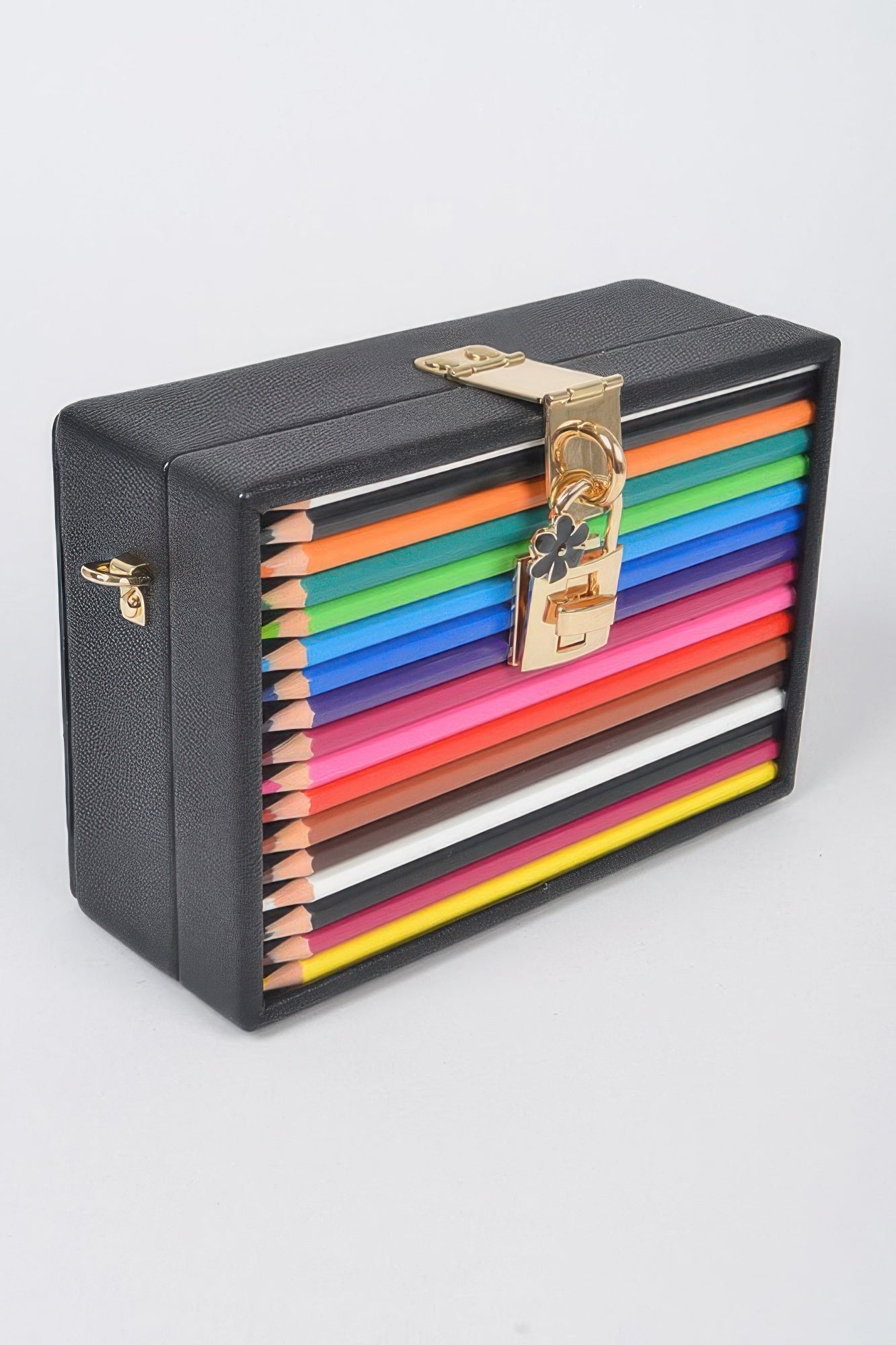 CCWHOLESALECLOTHING black rectangular Clutch Handbag with multicolor pencil inlay and gold lock charm
