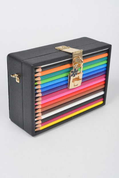 CCWHOLESALECLOTHING black rectangular Clutch Handbag with multicolor pencil inlay and gold lock charm