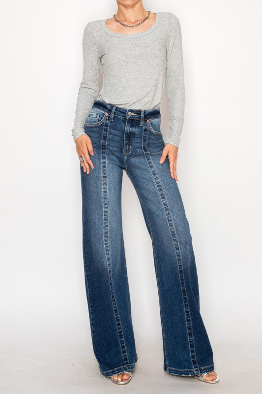Artemis Vintage Relaxed Flared Jeans high waisted dark wash with center seam wide leg full length