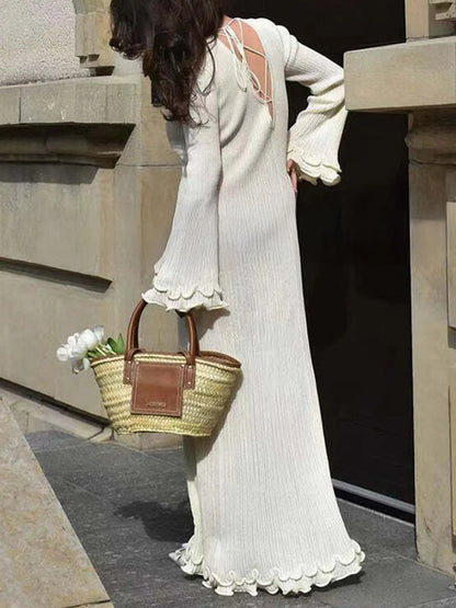 Trendsi cream ribbed knit midi dress for women with scalloped hem bell sleeves and back tie detail