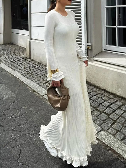 Trendsi white ribbed knit midi dress for women long sleeve fitted silhouette with ruffle cuffs and hem