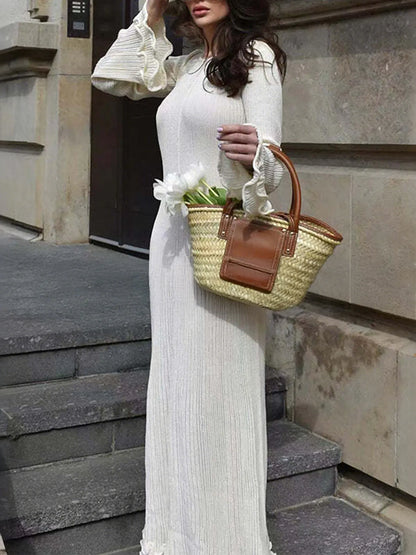 Trendsi cream ribbed knit midi dress for women with ruffle sleeves styled with straw tote bag