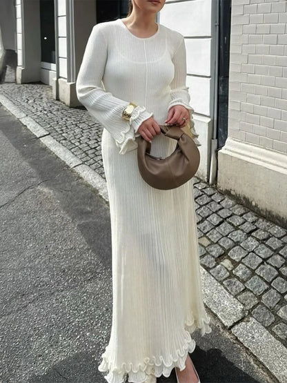 Trendsi cream ribbed knit midi dress for women with ruffle cuffs and hem long sleeves and brown crescent handbag