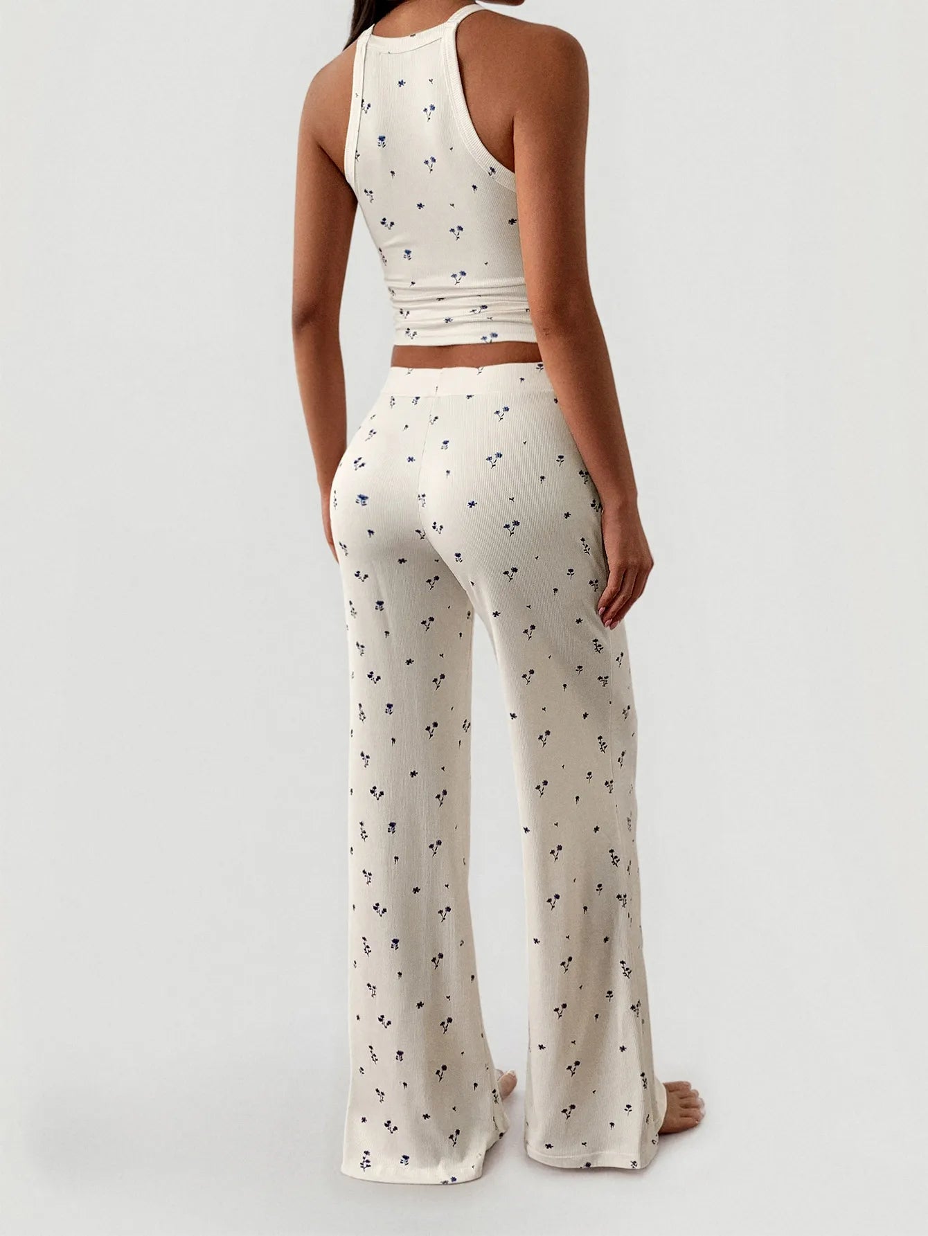 Trendsi Wide Leg Pants Set cream floral ribbed high waist wide leg trousers with matching racerback crop top