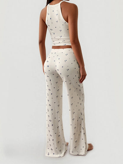 Trendsi Wide Leg Pants Set cream floral ribbed high waist wide leg trousers with matching racerback crop top