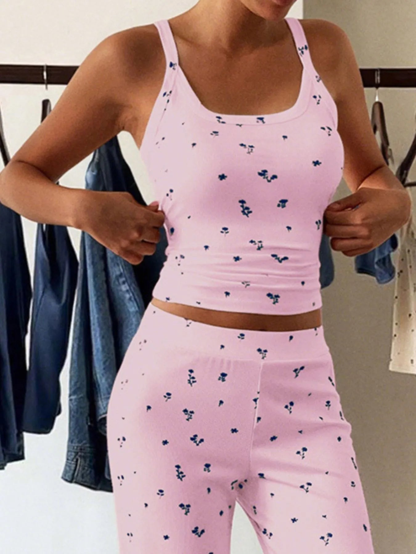 Trendsi pink floral tank top with matching Wide Leg Pants Set soft stretch fabric casual loungewear