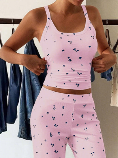 Trendsi pink floral tank top with matching Wide Leg Pants Set soft stretch fabric casual loungewear