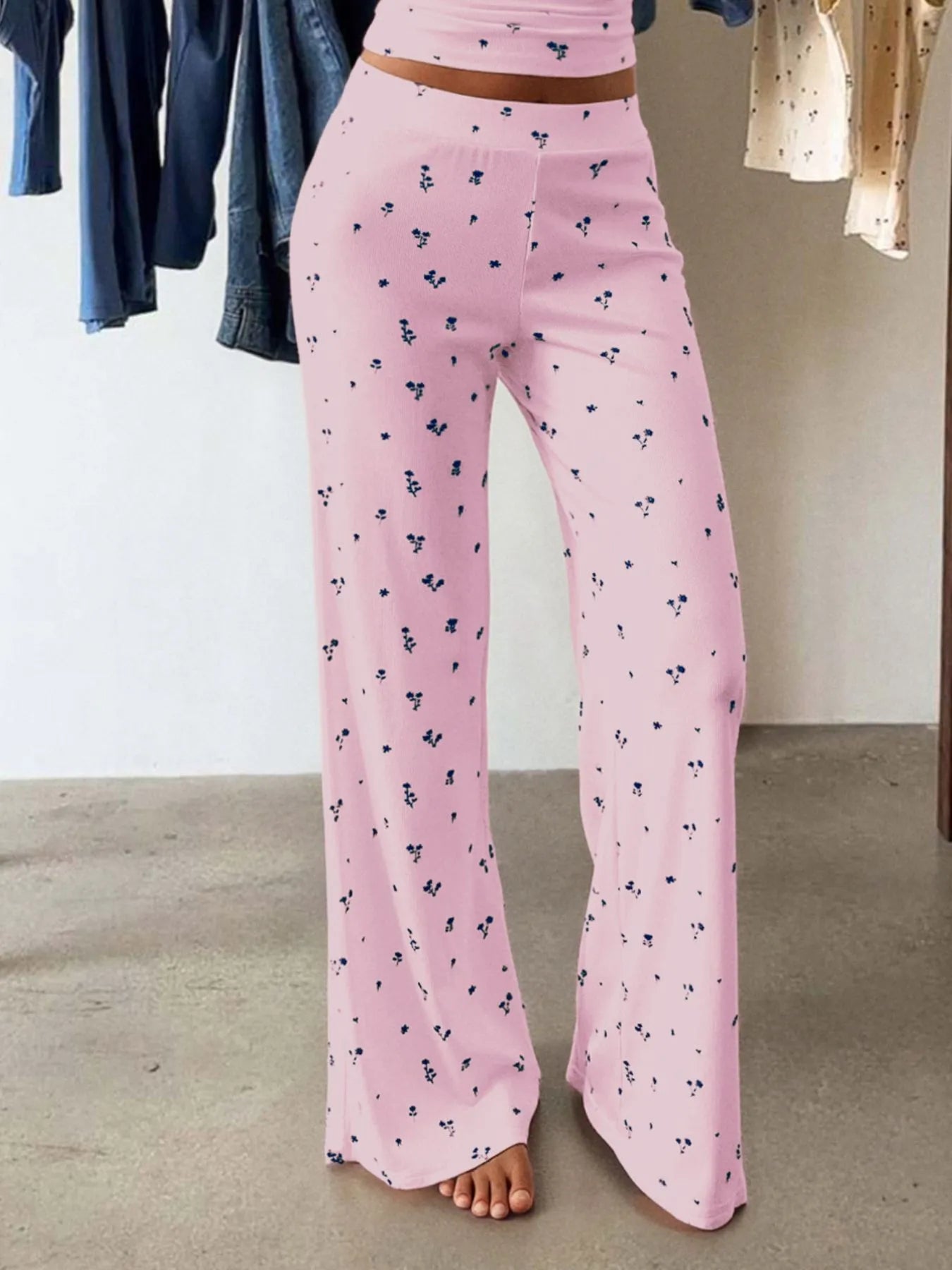 Trendsi Wide Leg Pants Set pink floral high waist lounge pants with relaxed floor length fit