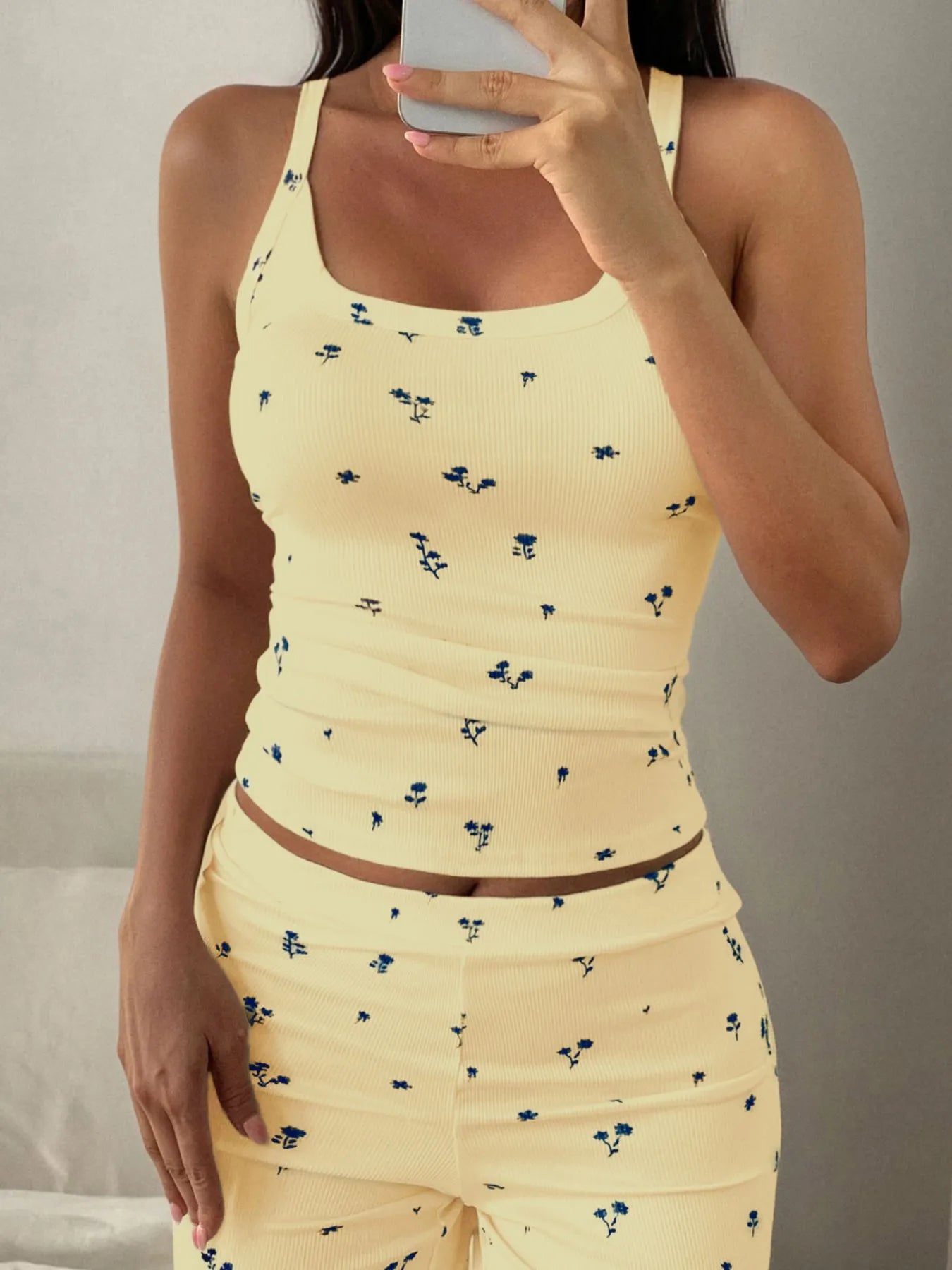 Trendsi yellow floral ribbed tank and matching Wide Leg Pants Set with scoop neck for casual summer wear