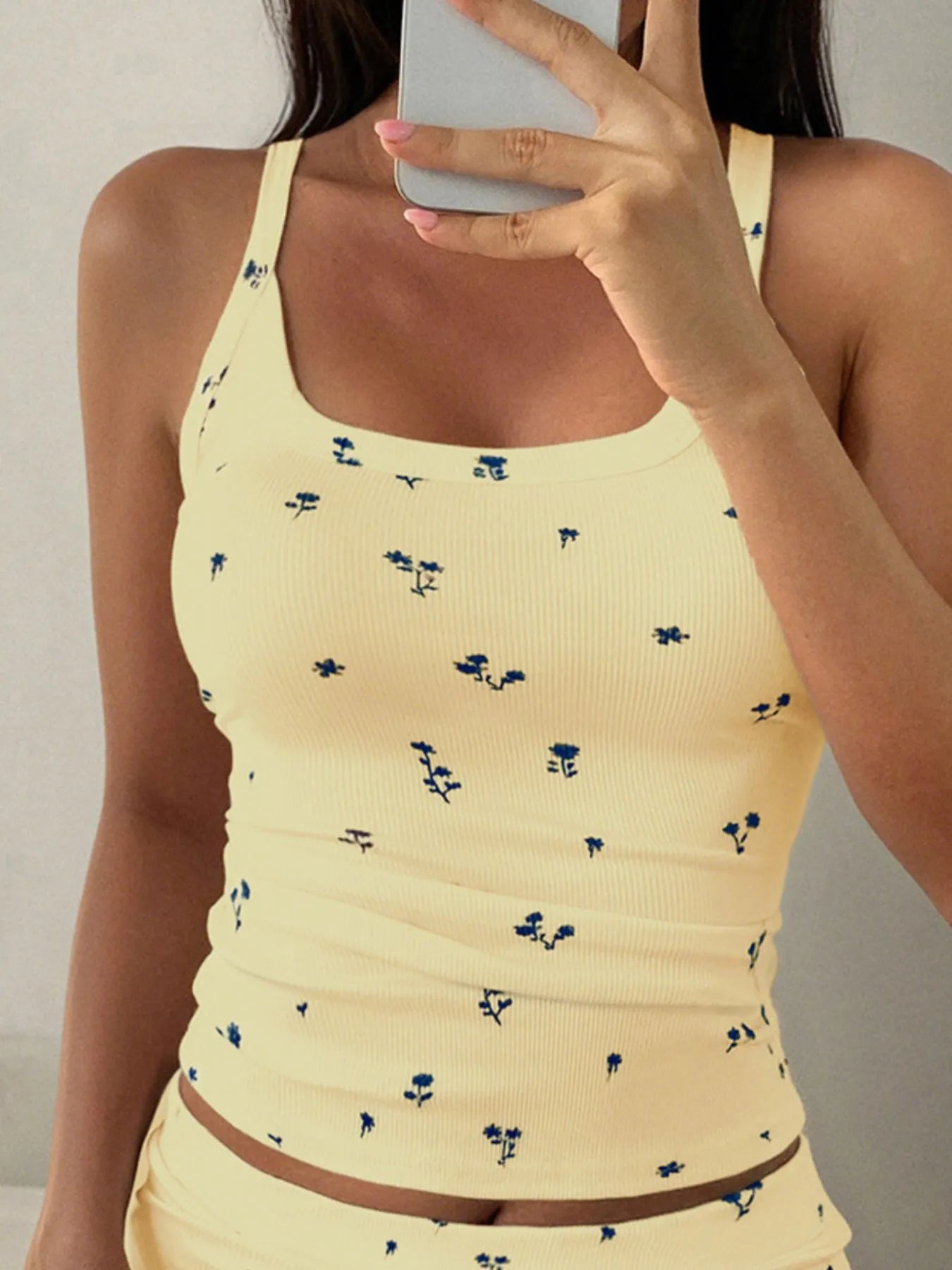 Trendsi Wide Leg Pants Set pale yellow ribbed floral tank top and matching high waist pants casual loungewear