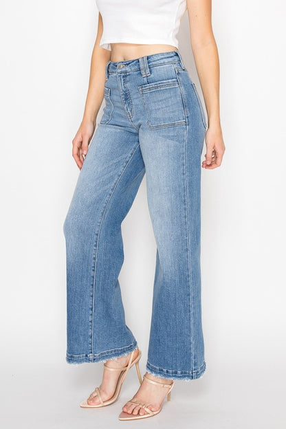 Artemis Vintage light wash high waist women's eco-friendly palazzo jeans with front patch pockets