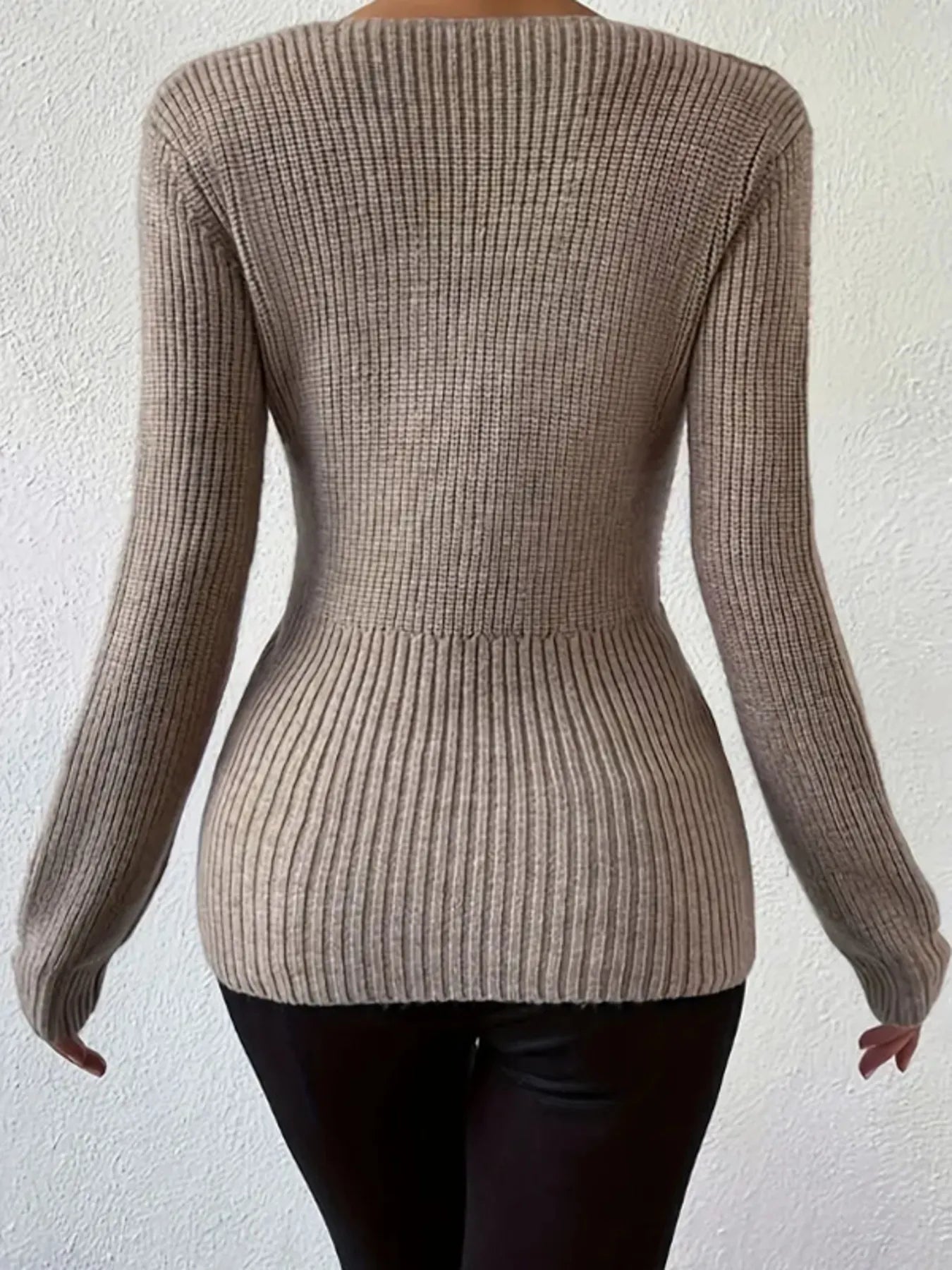 Trendsi Twist Front Detail Blouse ribbed taupe long sleeve fitted sweater shown from back