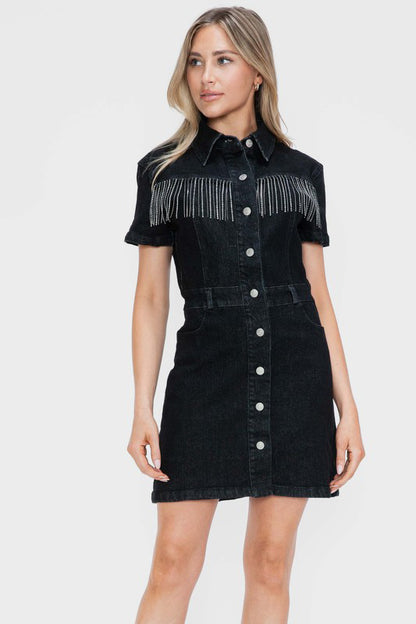 Black Full Size Embellished Button Down Short Sleeve Denim Dress