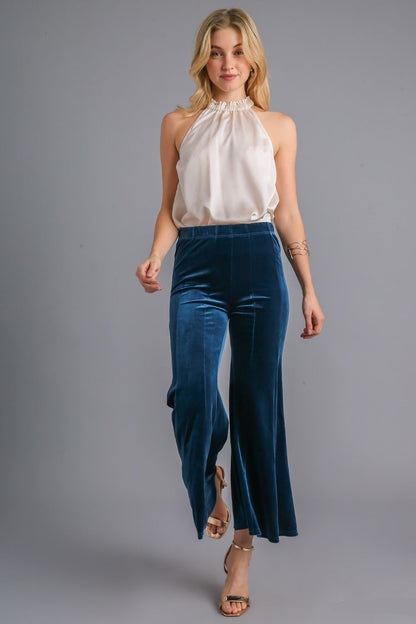 Peacock Blue High Rise Elastic Waist Flare Pants