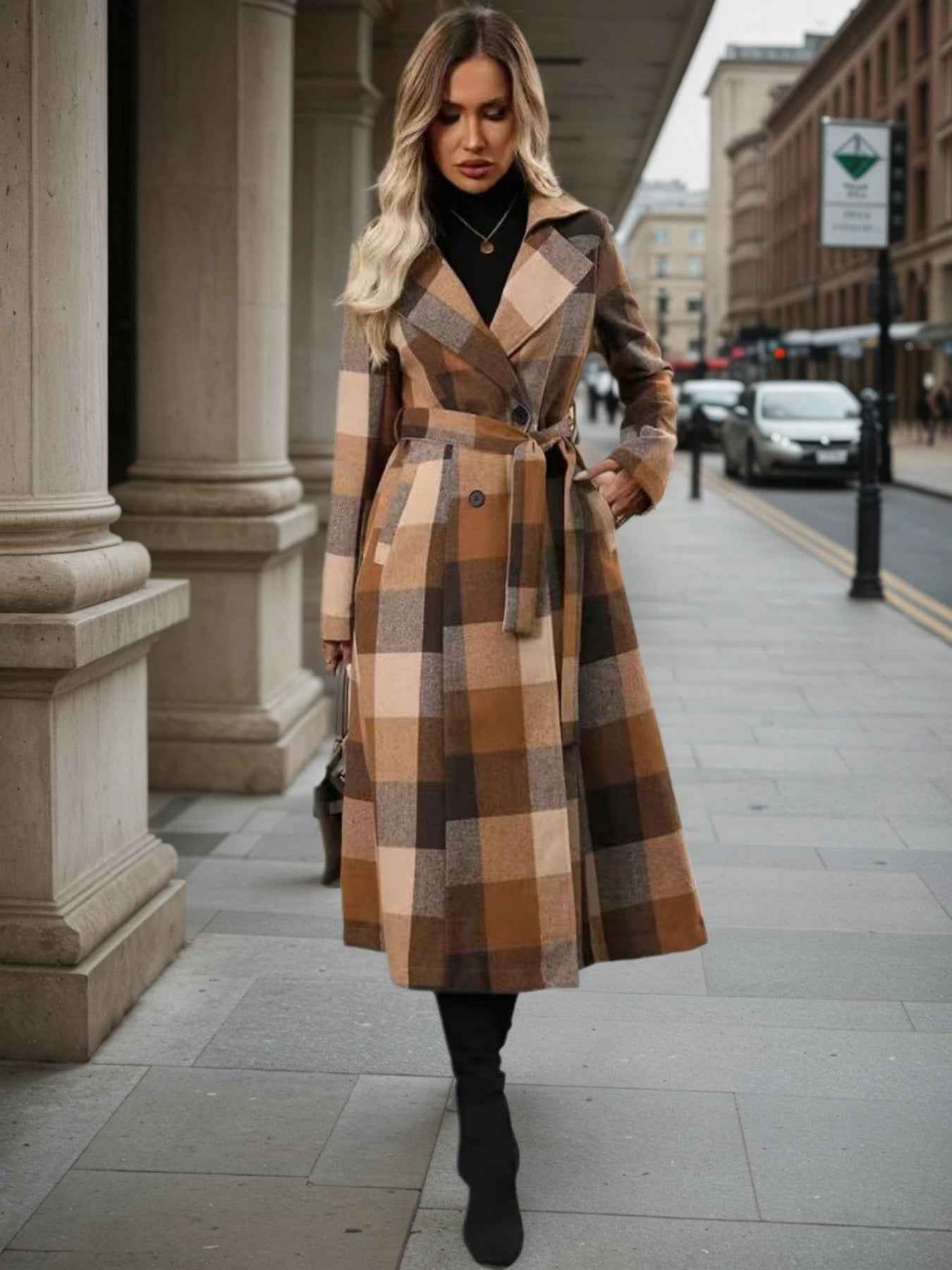 New Style Lapel Woolen Lace-up Double-breasted Extended Coat, Women's Windbreaker