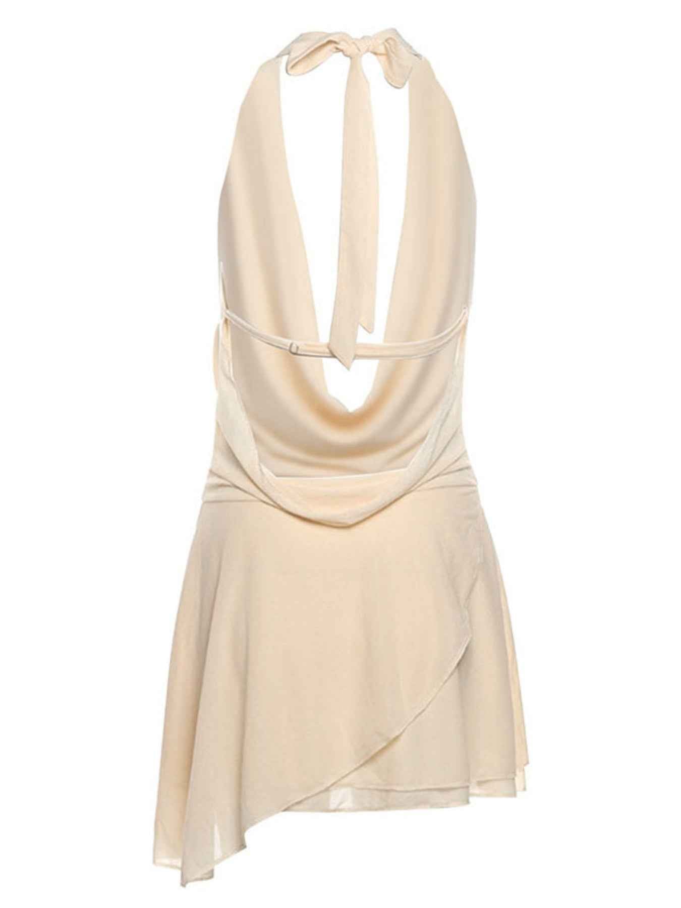 Ruffled Halter Mini Dress - Backless Tied Asymmetrical Slit