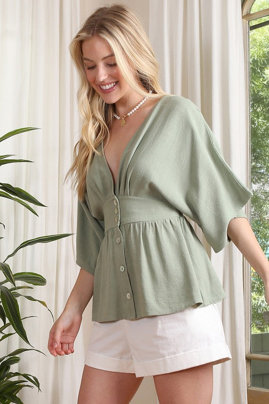 Draped Sleeve V-Neck Button Down Blouse