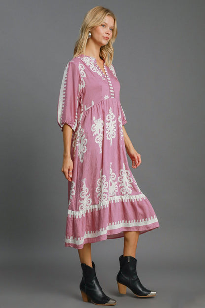 Light Mauve Printed Notched 3/4 Sleeve Midi Dress