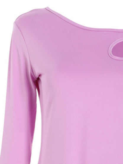 Cutout Asymmetrical Neck Long Sleeve T-Shirt - Fashions Envy