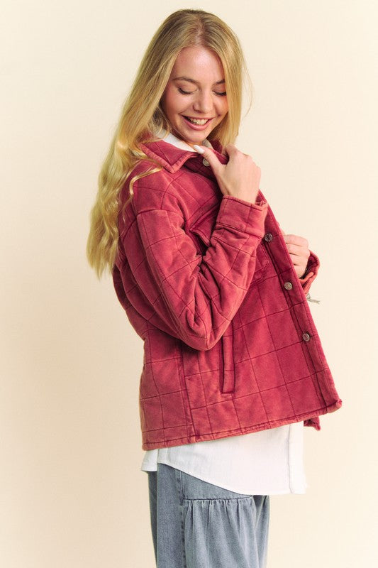 Brick Red Quilted Button Down Shacket with Chest Pockets