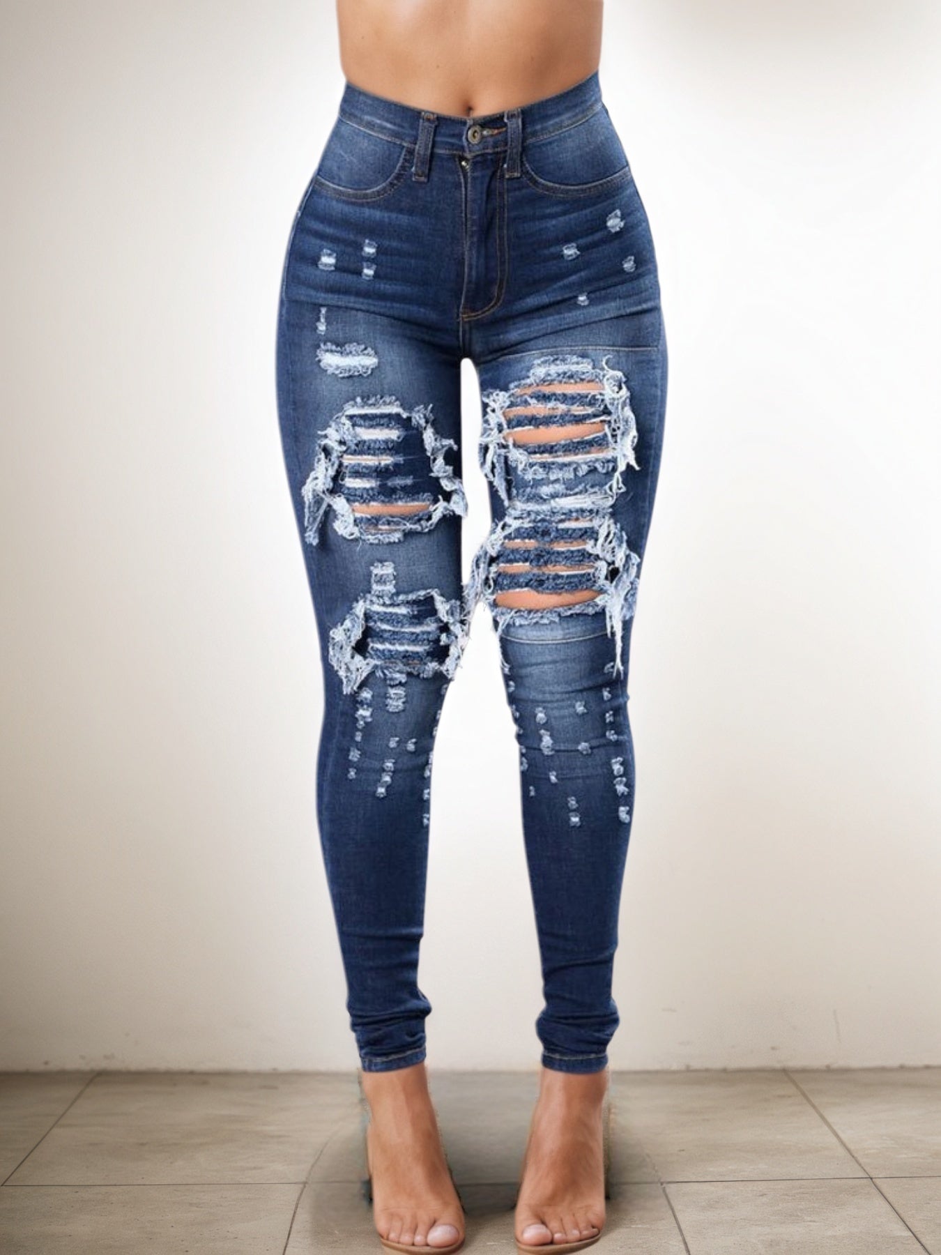 High Waisted Elastic Ripped Jeans - Street Style Comfort - Fashions Envy