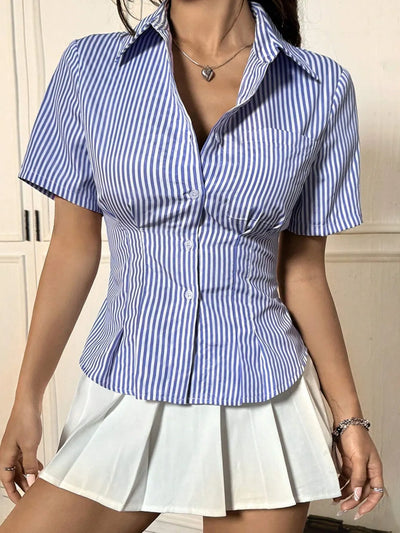 Trendsi blue and white striped fitted Short Sleeve Button-Up Shirt with collar styled with white pleated mini skirt