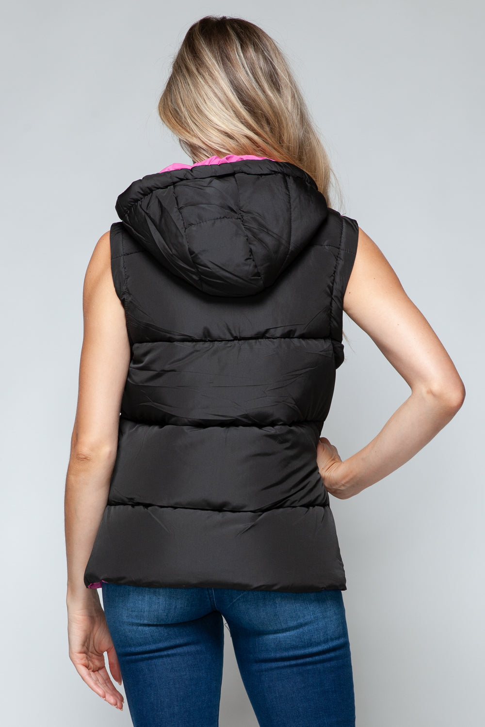 Black/Rose Violet Snap and Zip Closure Hooded Vest