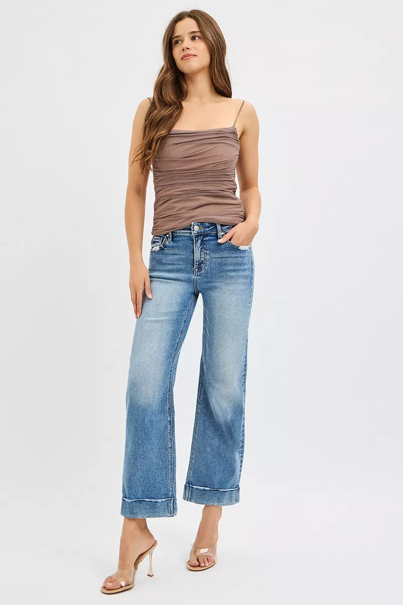 RISEN Crop Straight Jeans - Mid Rise Cuffed Hem - Fashions Envy