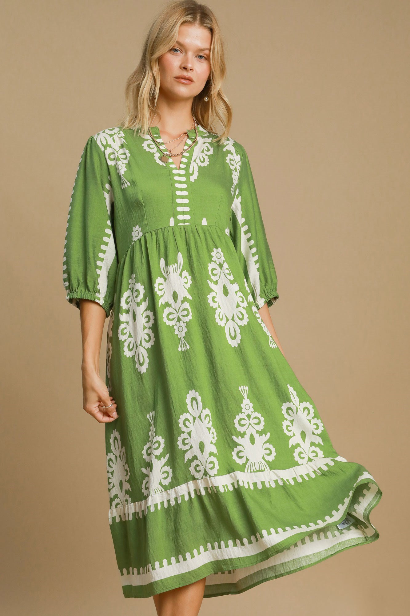 Lime Green Printed Notched Midi Dress