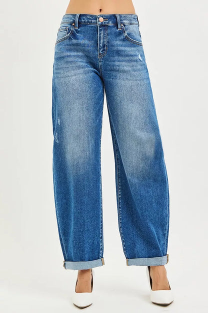 RISEN Barrel Jeans Women - Mid Rise Double Roll Cuff - Fashions Envy