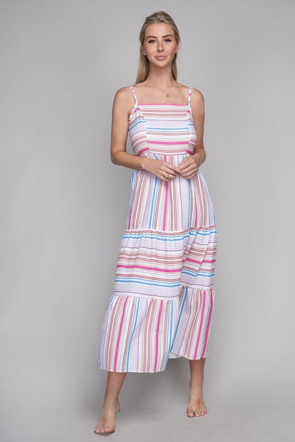 Striped Print Ruffle Hem Cami Midi Dress