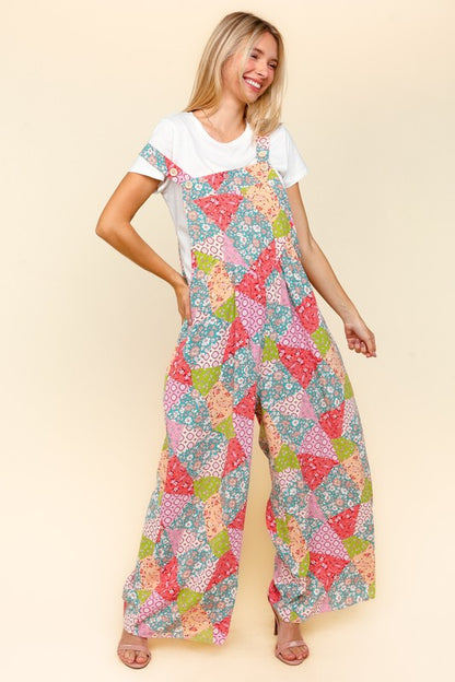 Full Size Printed Wide Leg Overalls with Side Pockets