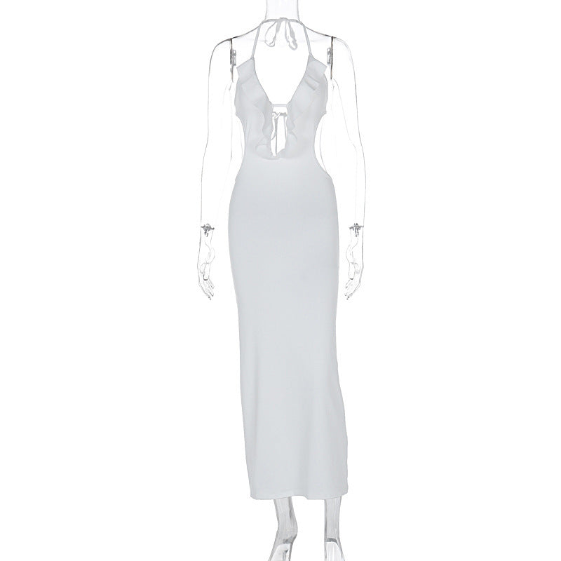 Women's Ruffled V Neck Halter Maxi Dress - Slim Fit Sling - Fashions Envy