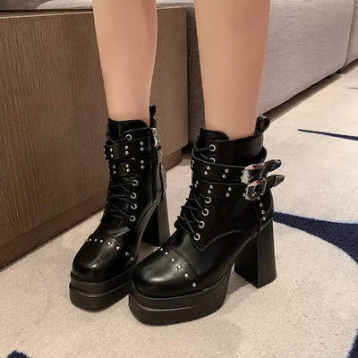 Round Toe Block Heels Boots - High Heel Ankle Boots - Fashions Envy