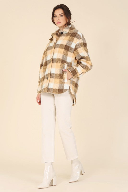 Brown Orange Plaid Check Sherpa Jacket with Pockets