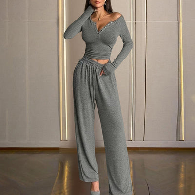Sexy V-Neck Button-Up Fitted Long Sleeve T-Shirt & High-Waist Flared Wide-Leg Stretchy Pants Set
