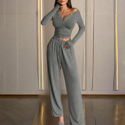 Sexy V-Neck Button-Up Fitted Long Sleeve T-Shirt & High-Waist Flared Wide-Leg Stretchy Pants Set