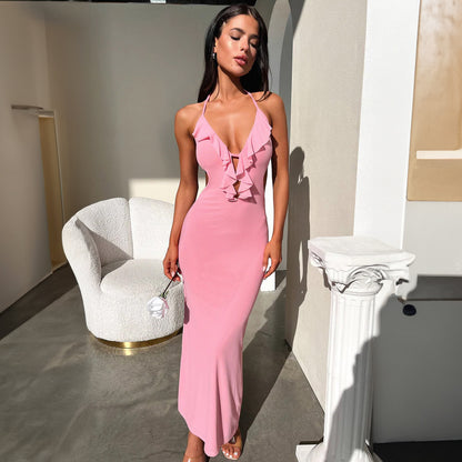 Women's Ruffled V Neck Halter Maxi Dress - Slim Fit Sling - Fashions Envy